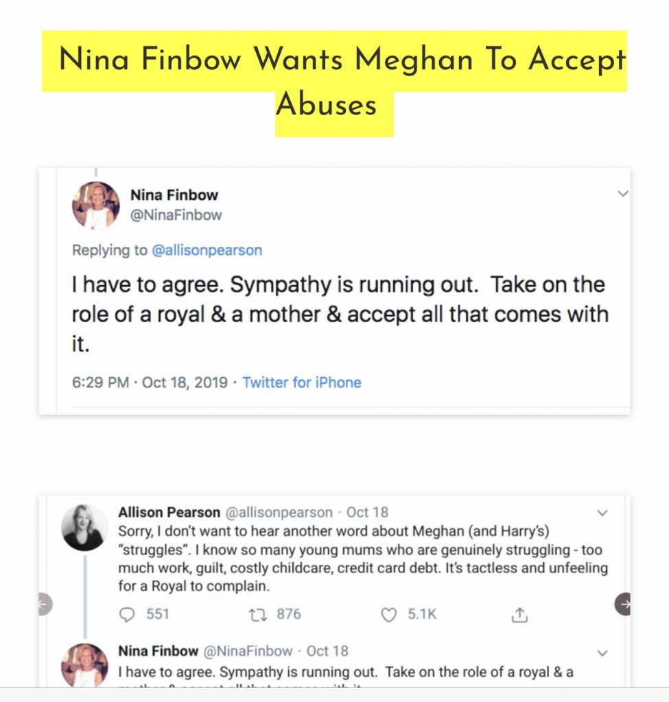 Nina Finbow wants Meghan to accept abuse